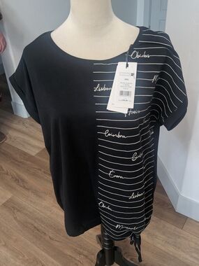 Black Short-Sleeve Side-Tie Stripe Print Women's Blouse